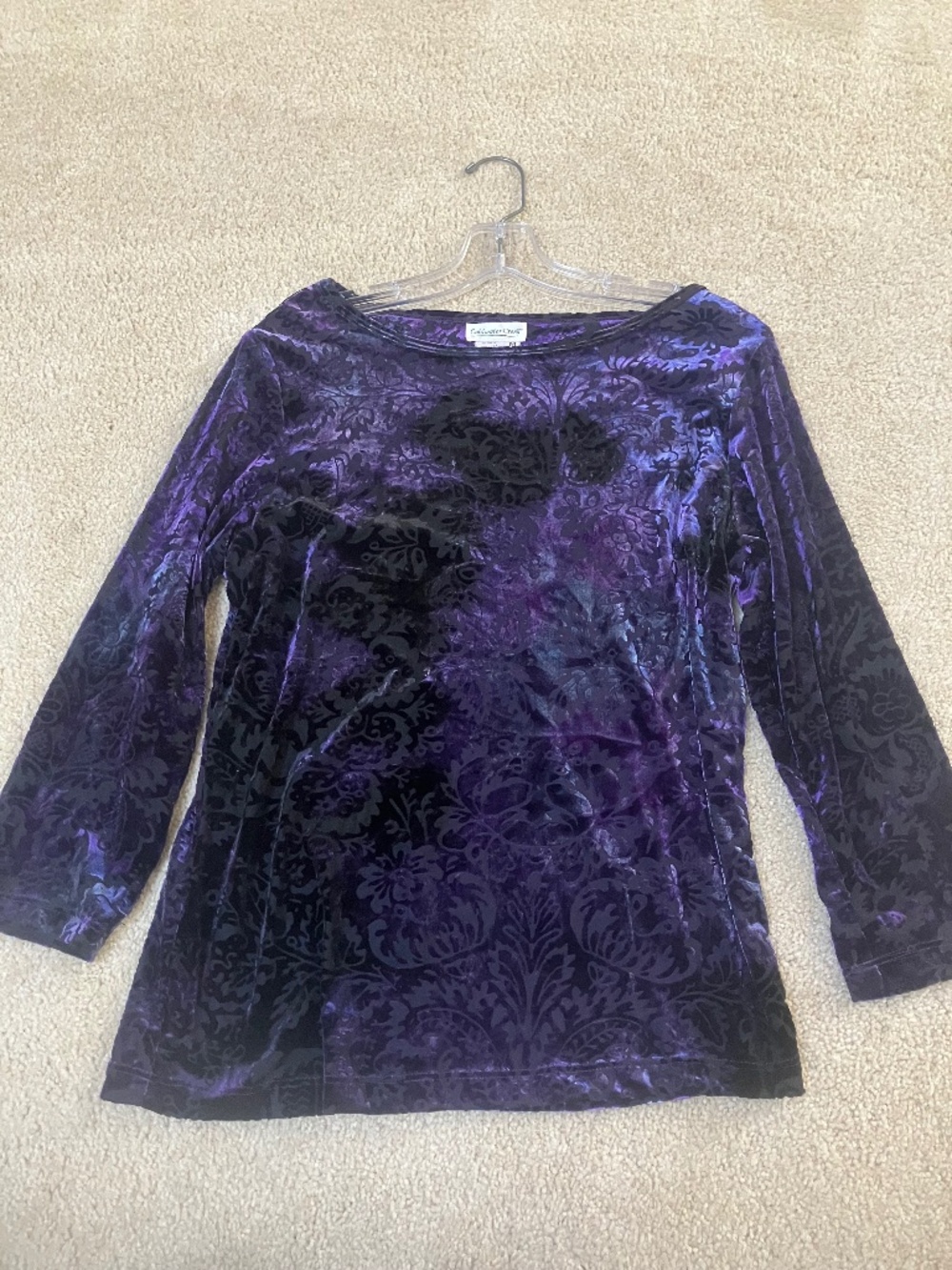 Coldwater Creek purple/black top.  Purple velvet with black sheer mesh cutouts.